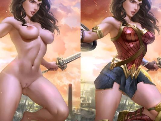 Wonder Woman gekleidet vs. unbekleidete Collage