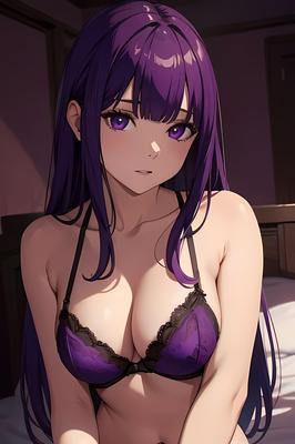 Anime Girl Fern Purple Cabello en lencería y desnudo